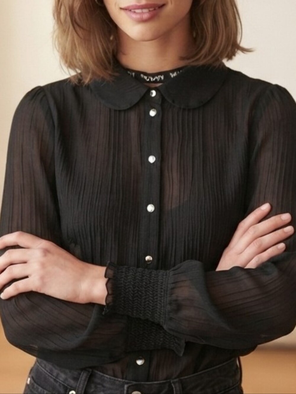 NEVER WORN Lined Sheer Black Pleated Button-Front Blouse Sz Size M